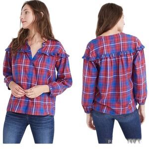 MADEWELL Plaid Shirred Button Down Ruffle Top